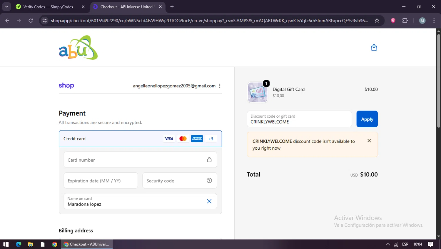 ABUniverse discount code screenshot showing code CRINKLYWELCOME applied at ABUniverse checkout page. Uploaded by SimplyCodes community member maraxo on Nov 23, 2025