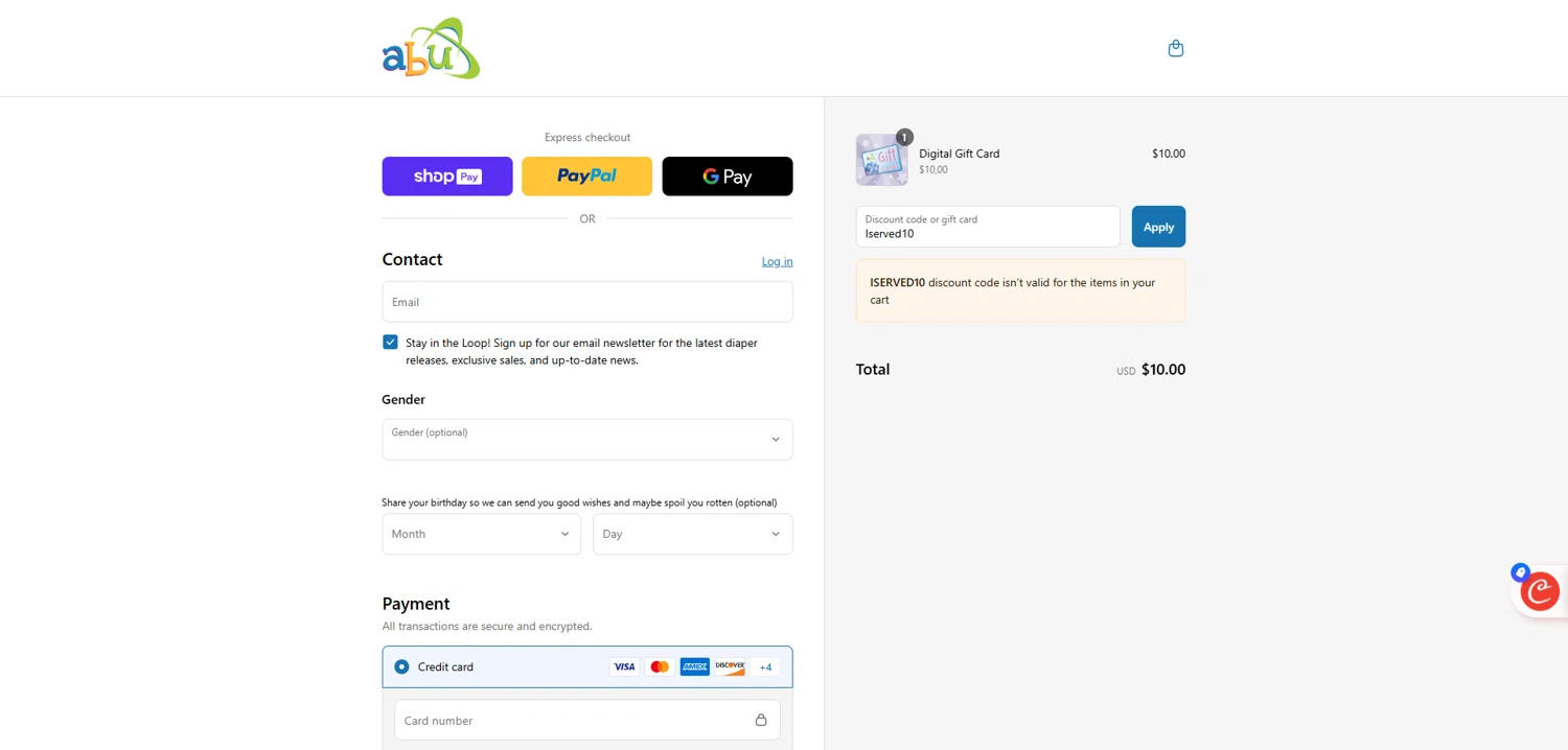 ABUniverse discount code screenshot showing code Iserved10 applied at ABUniverse checkout page. Uploaded by SimplyCodes community member Dorothy on Jul 14, 2025