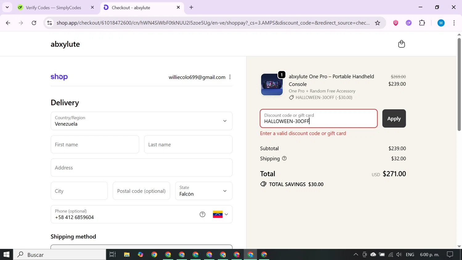 abxylute discount code screenshot showing code HALLOWEEN-30OFF applied at abxylute checkout page. Uploaded by SimplyCodes community member CrownShopper7142 on Oct 23, 2025