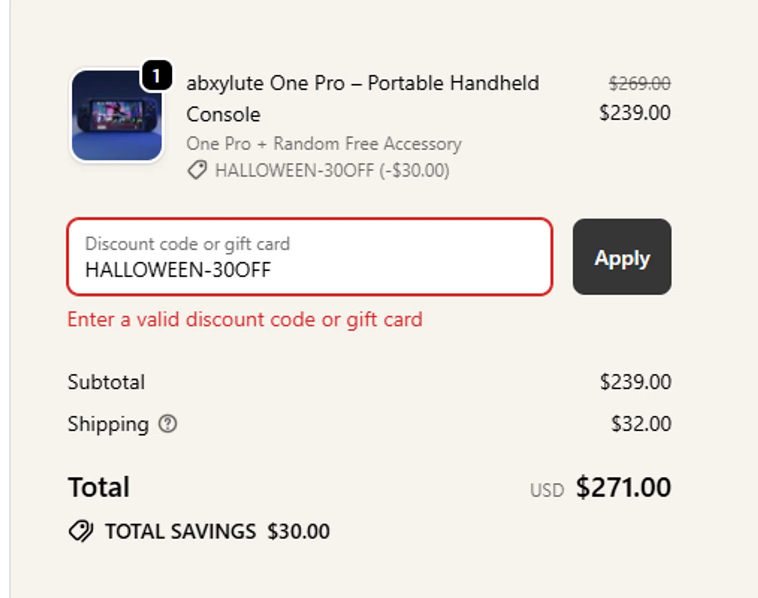 abxylute discount code screenshot showing code HALLOWEEN-30OFF applied at abxylute checkout page. Uploaded by SimplyCodes community member Renery17 on Oct 23, 2025