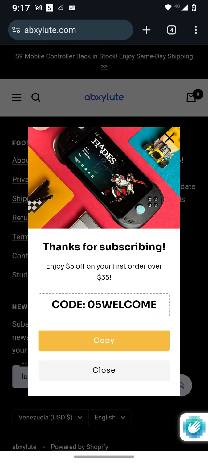 abxylute discount code screenshot showing code 05welcome applied at abxylute checkout page. Uploaded by SimplyCodes community member GrimmKing on Mar 1, 2025