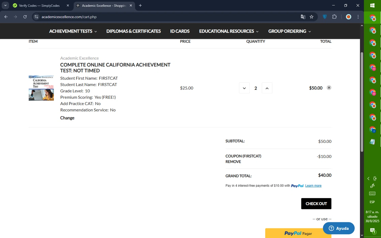 Academic Excellence promo code screenshot showing code FIRSTCAT applied at Academic Excellence checkout page. Uploaded by SimplyCodes community member GoldPilot5958 on Aug 30, 2025
