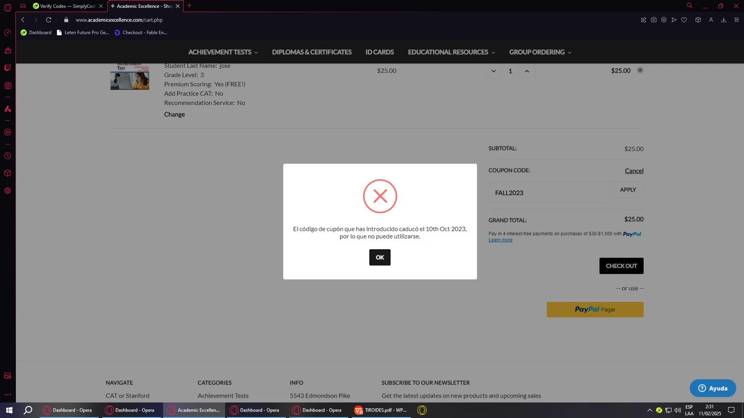 Academic Excellence promo code screenshot showing code FALL2023 applied at Academic Excellence checkout page. Uploaded by SimplyCodes community member SwiftVoyager5067 on Feb 11, 2025