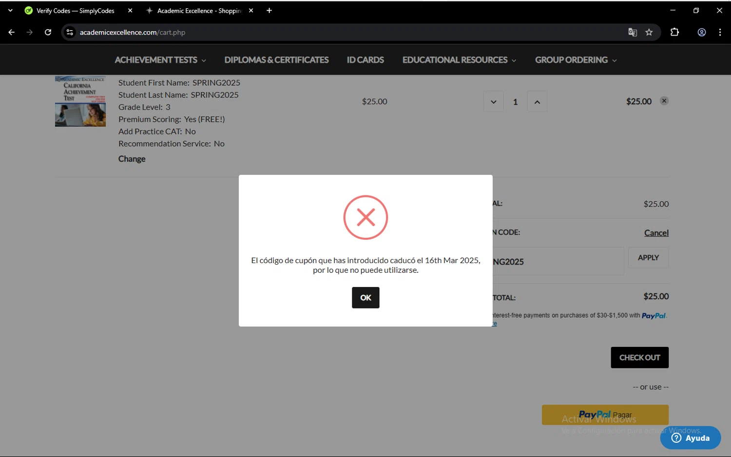 Academic Excellence promo code screenshot showing code SPRING2025 applied at Academic Excellence checkout page. Uploaded by SimplyCodes community member aleixmase on Mar 19, 2025
