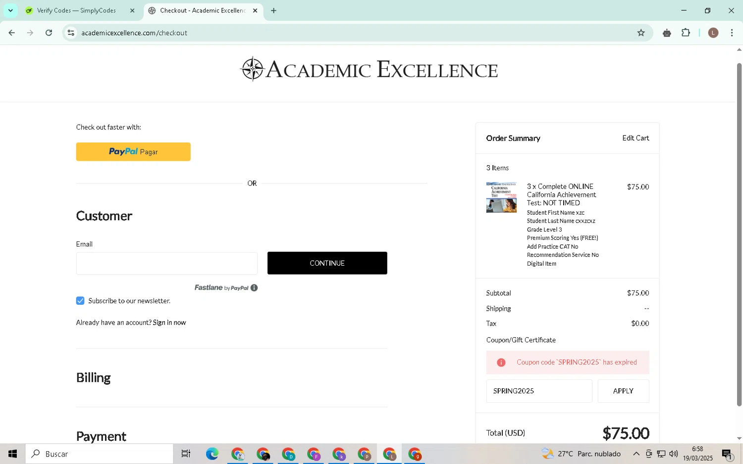 Academic Excellence promo code screenshot showing code SPRING2025 applied at Academic Excellence checkout page. Uploaded by SimplyCodes community member BrilliantTiger9986 on Mar 19, 2025