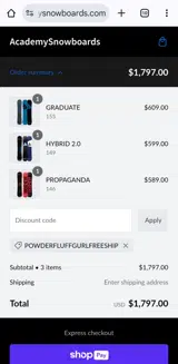 Academy Snowboards coupon verification screenshot