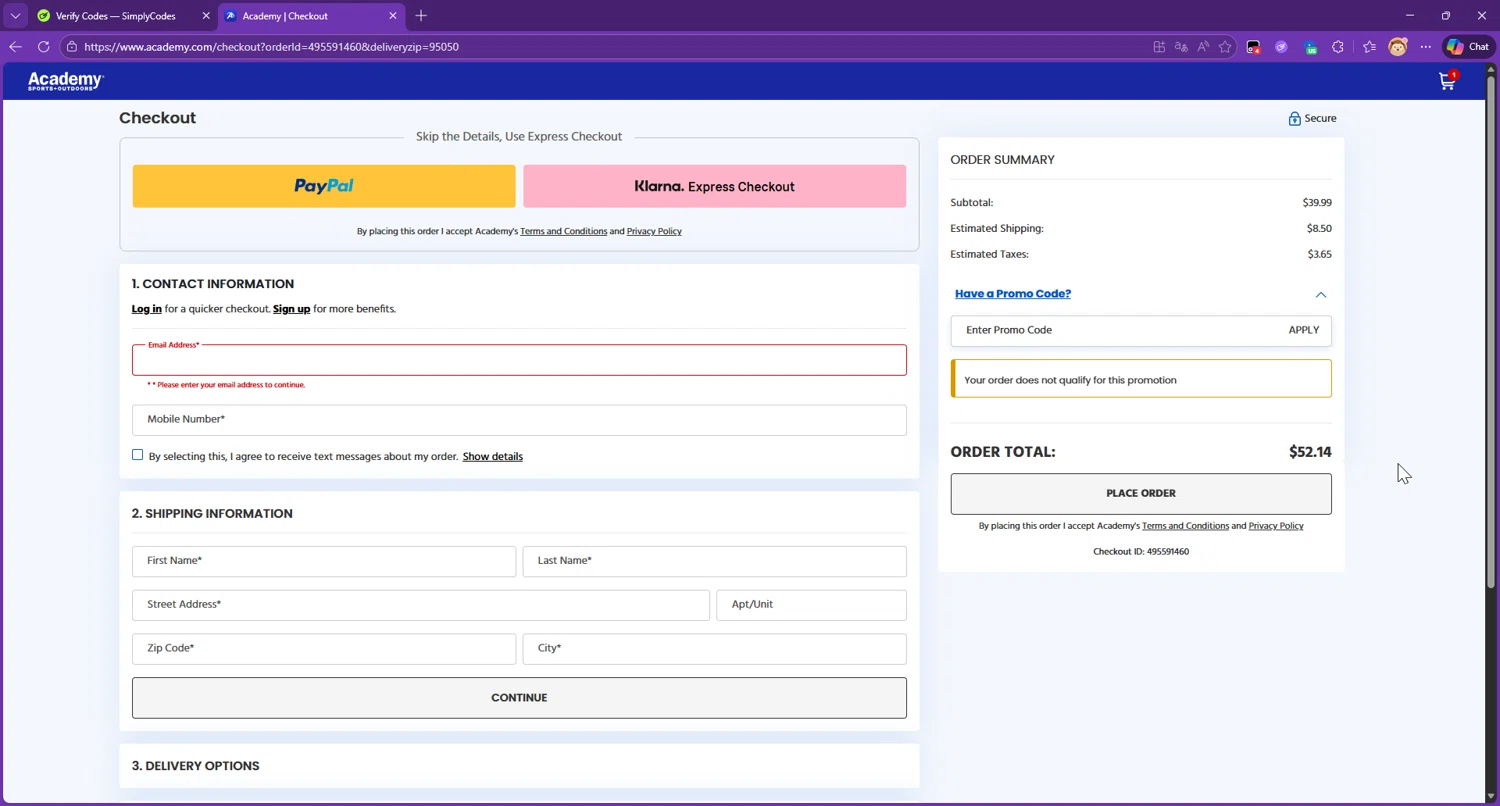 Academy Sports + Outdoors promo code screenshot showing code LN0314 applied at Academy Sports + Outdoors checkout page. Uploaded by SimplyCodes community member Raibelys_18 on Jan 17, 2026