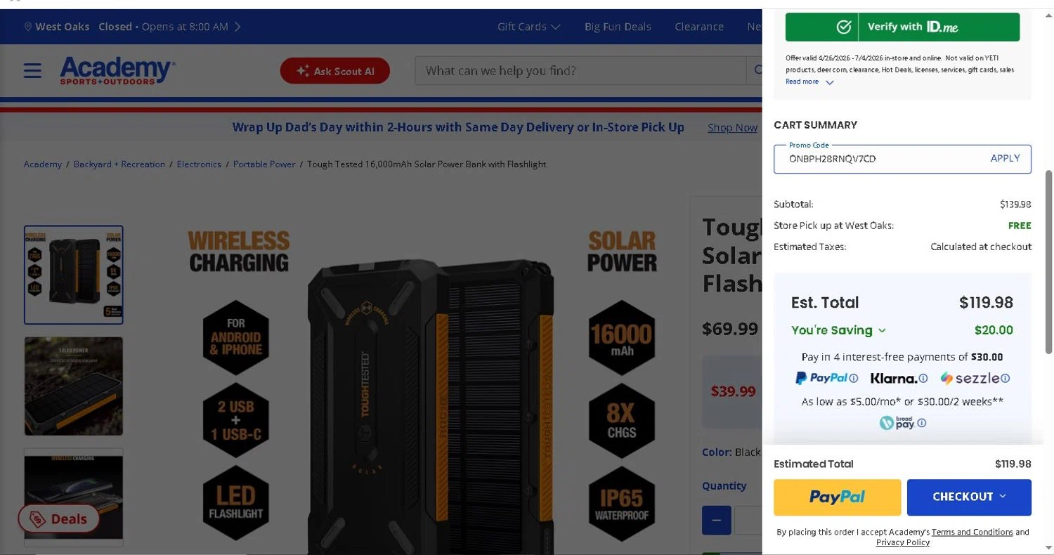 Academy Sports + Outdoors promo code screenshot showing code ONBPH28RNQV7CD applied at Academy Sports + Outdoors checkout page. Uploaded by SimplyCodes community member LAMINEJAMAL on Jun 20, 2026