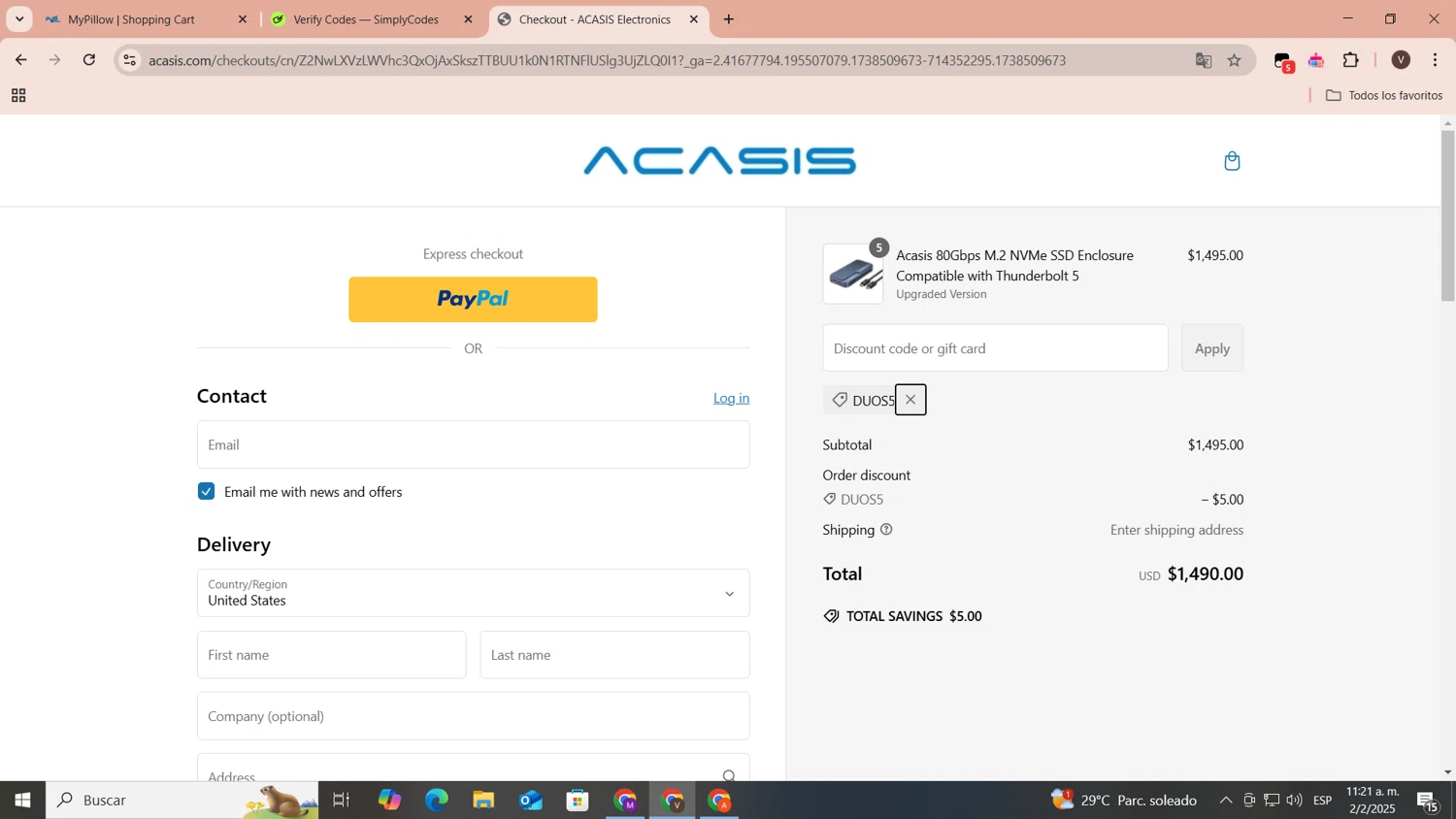 ACASIS discount code screenshot showing code DUOS5 applied at ACASIS checkout page. Uploaded by SimplyCodes community member CoinLegend1707 on Feb 2, 2025