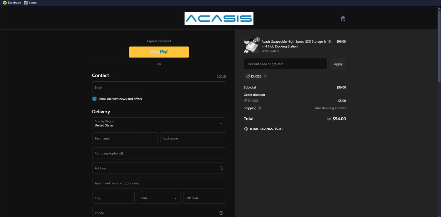 ACASIS discount code screenshot showing code DUOS5 applied at ACASIS checkout page. Uploaded by SimplyCodes community member yunexxx on Jan 17, 2025