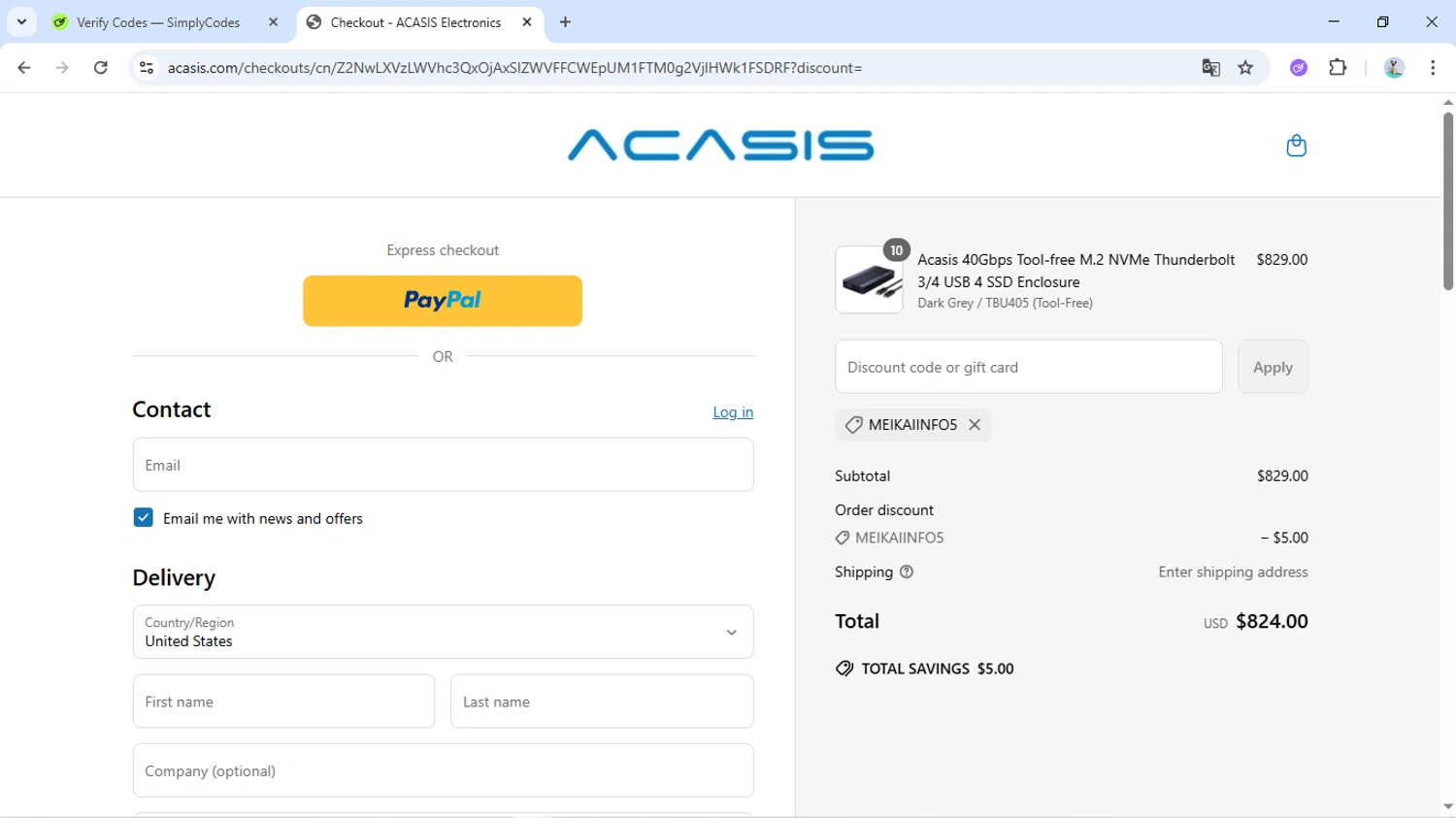 ACASIS discount code screenshot showing code MEIKAIINFO5 applied at ACASIS checkout page. Uploaded by SimplyCodes community member Livingston on May 22, 2025