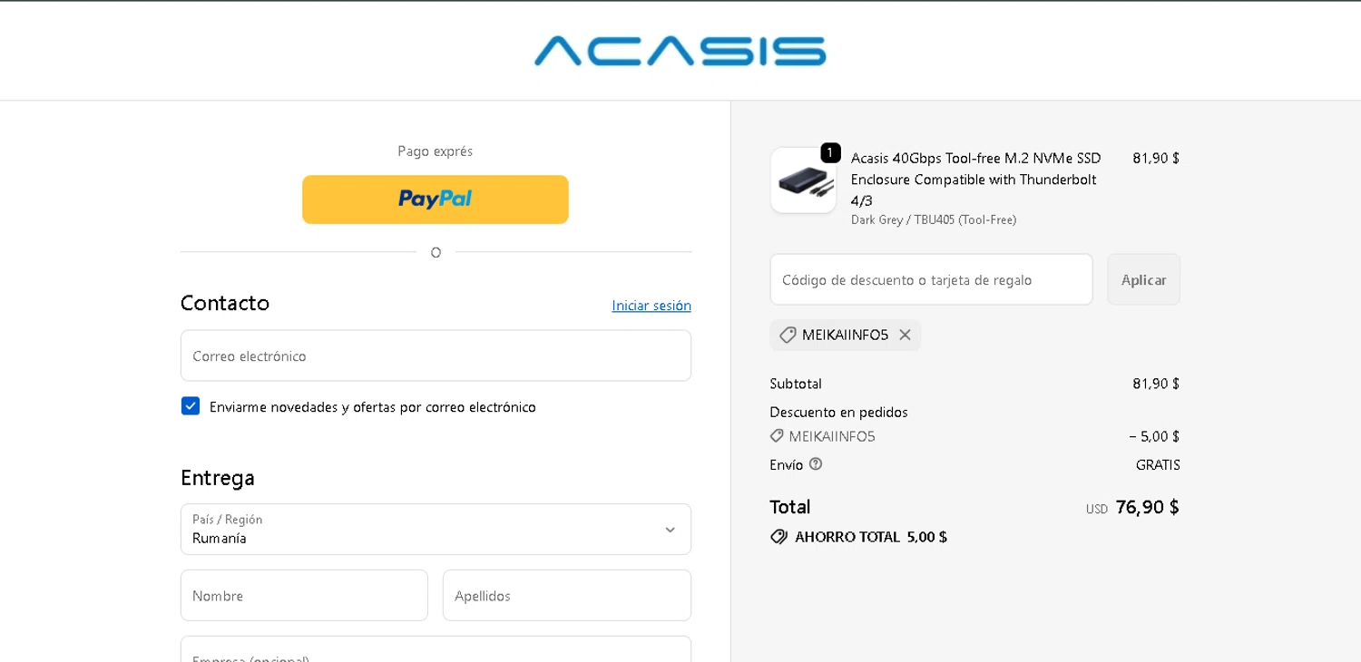 ACASIS discount code screenshot showing code MEIKAIINFO5 applied at ACASIS checkout page. Uploaded by SimplyCodes community member GoldAce6962 on Dec 16, 2025