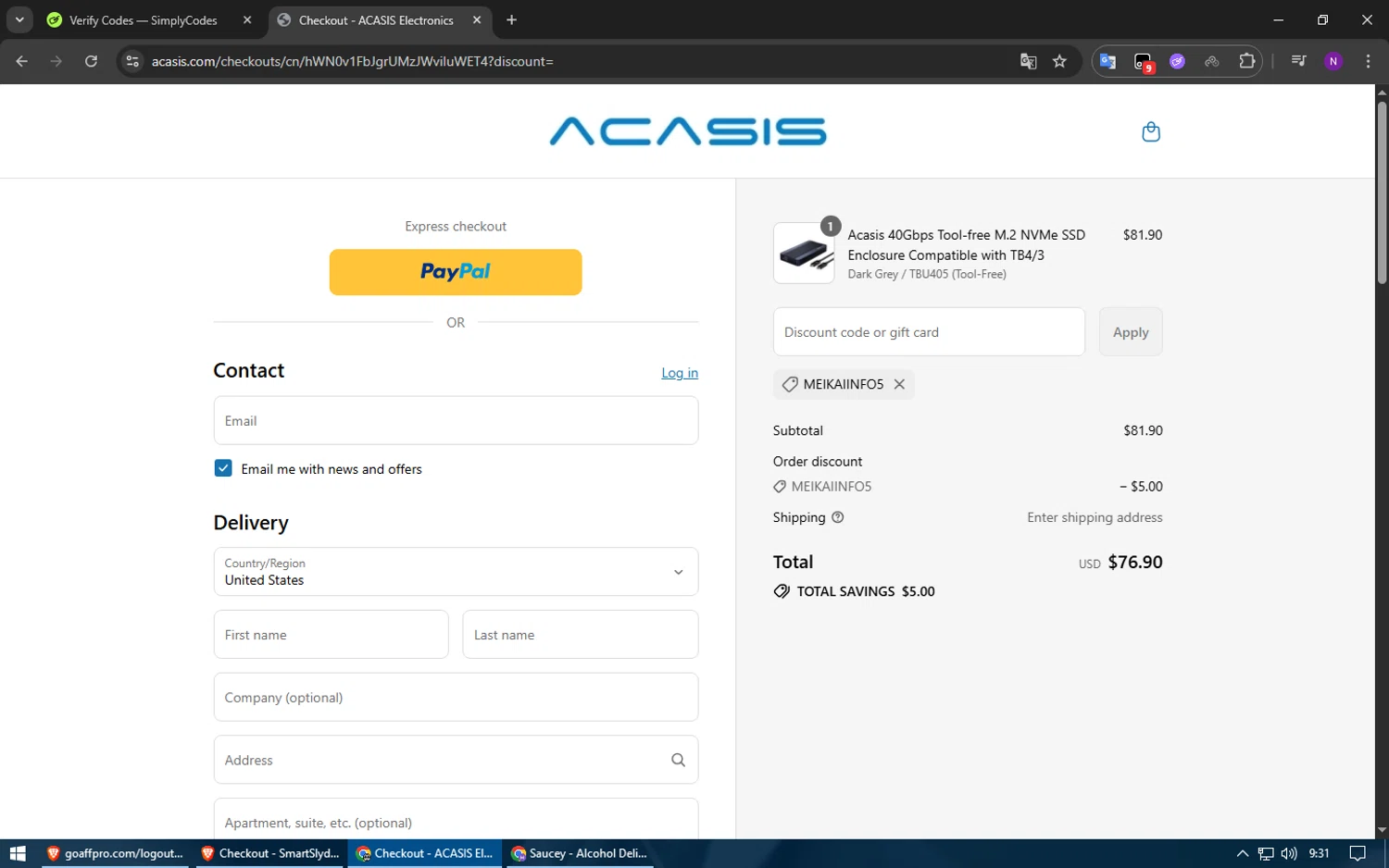 ACASIS discount code screenshot showing code MEIKAIINFO5 applied at ACASIS checkout page. Uploaded by SimplyCodes community member usuario500 on Jul 22, 2025