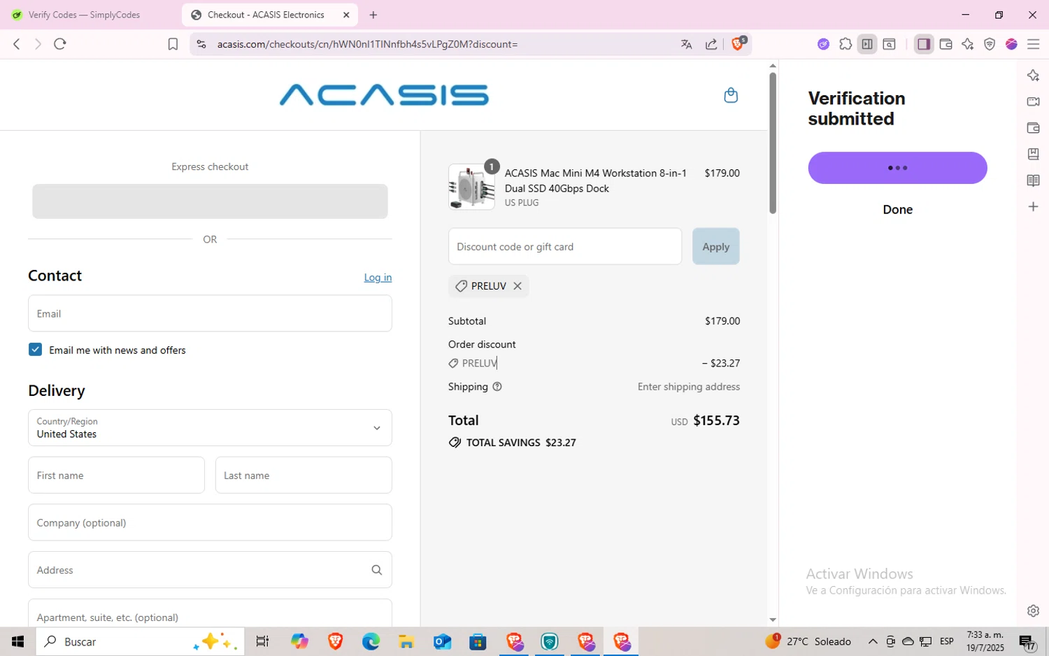 ACASIS discount code screenshot showing code PRELUV applied at ACASIS checkout page. Uploaded by SimplyCodes community member godgod on Jul 19, 2025