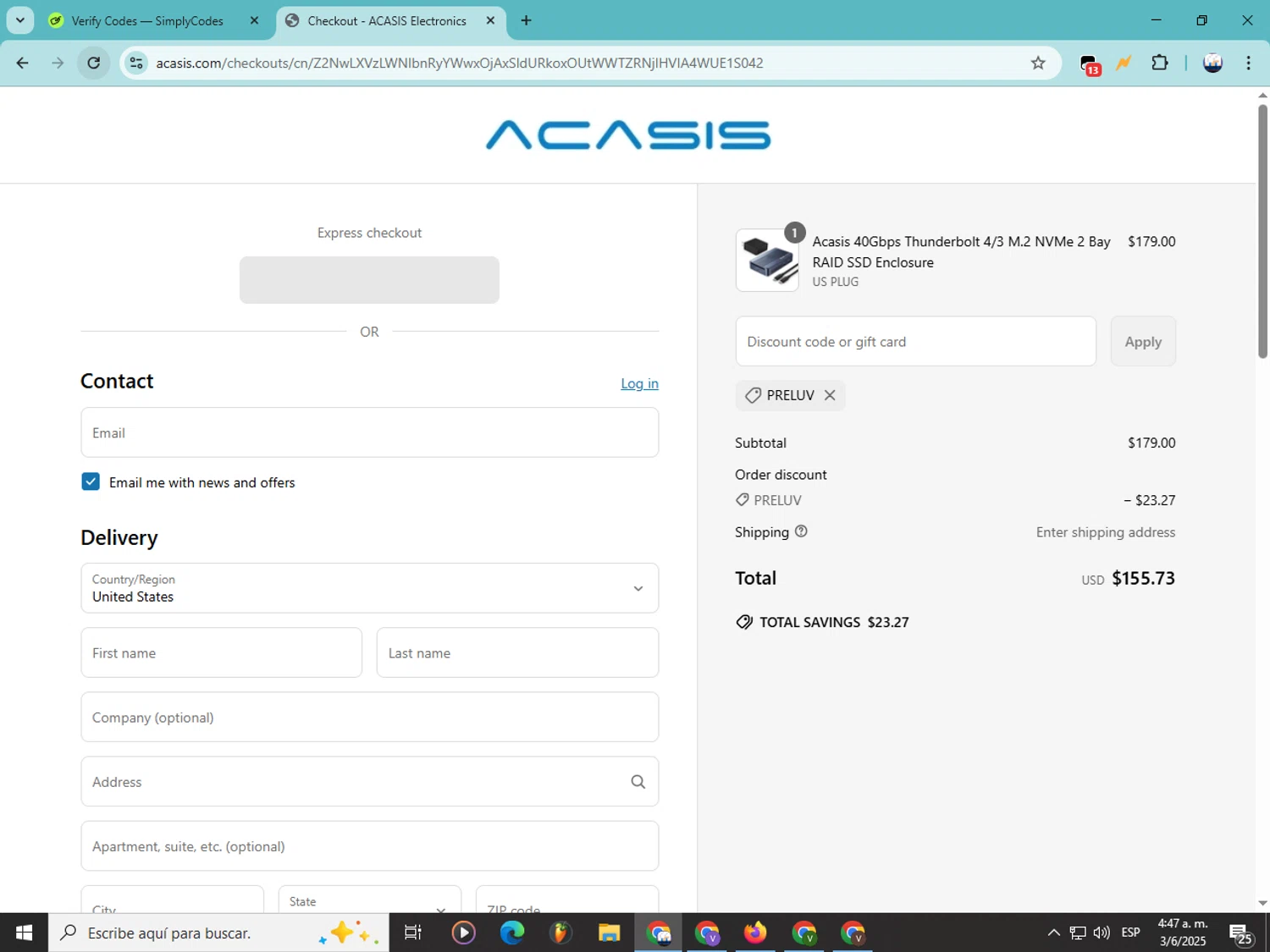 ACASIS discount code screenshot showing code PRELUV applied at ACASIS checkout page. Uploaded by SimplyCodes community member Soyvictor on Jun 3, 2025