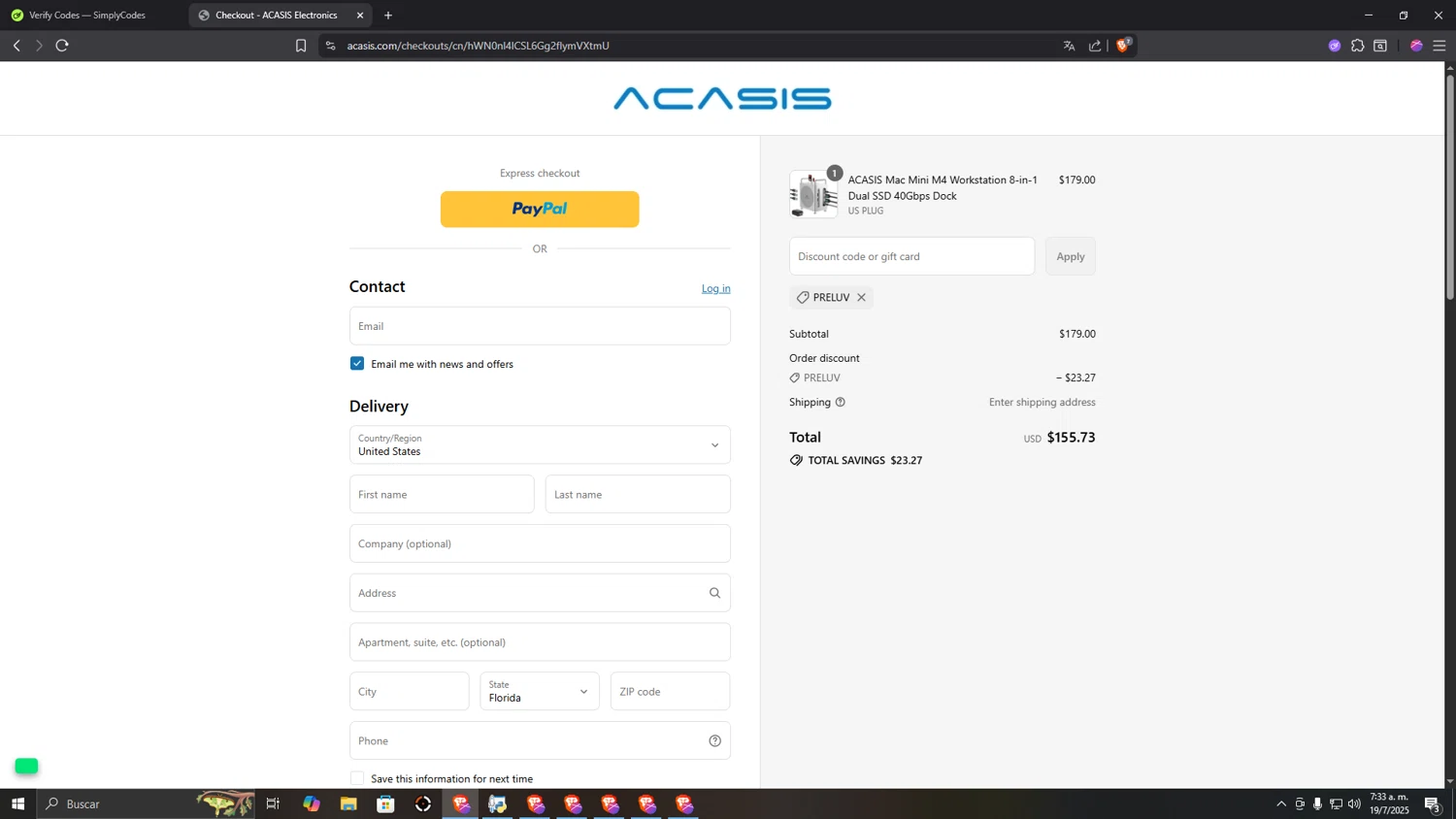 ACASIS discount code screenshot showing code PRELUV applied at ACASIS checkout page. Uploaded by SimplyCodes community member INSECTOS on Jul 19, 2025