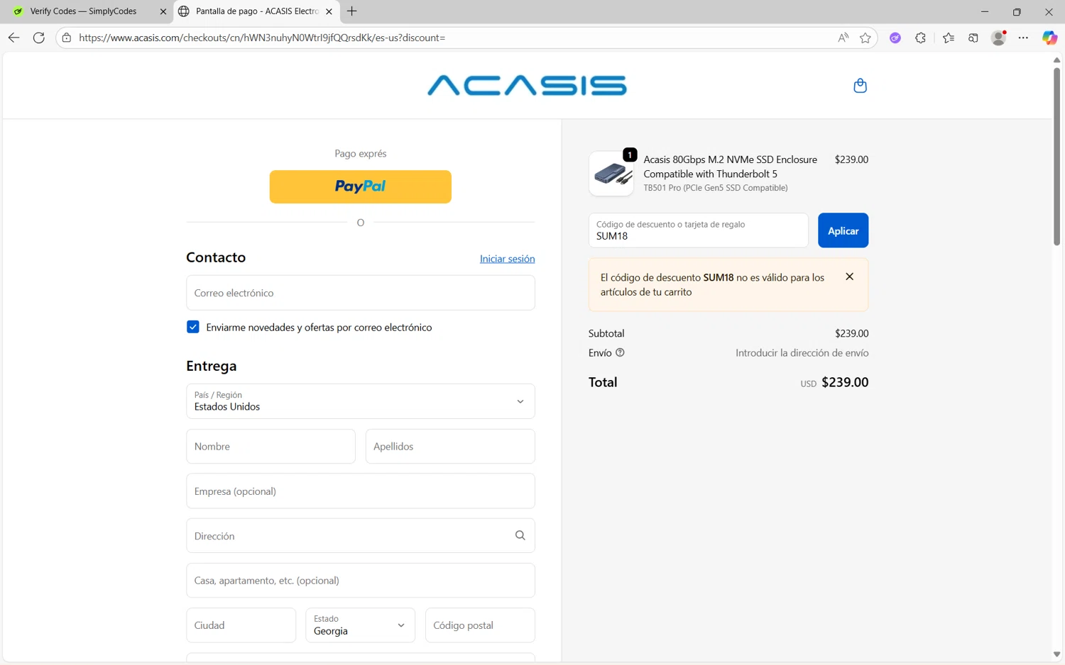 ACASIS discount code screenshot showing code SUM18 applied at ACASIS checkout page. Uploaded by SimplyCodes community member Yuyu12 on Oct 6, 2025