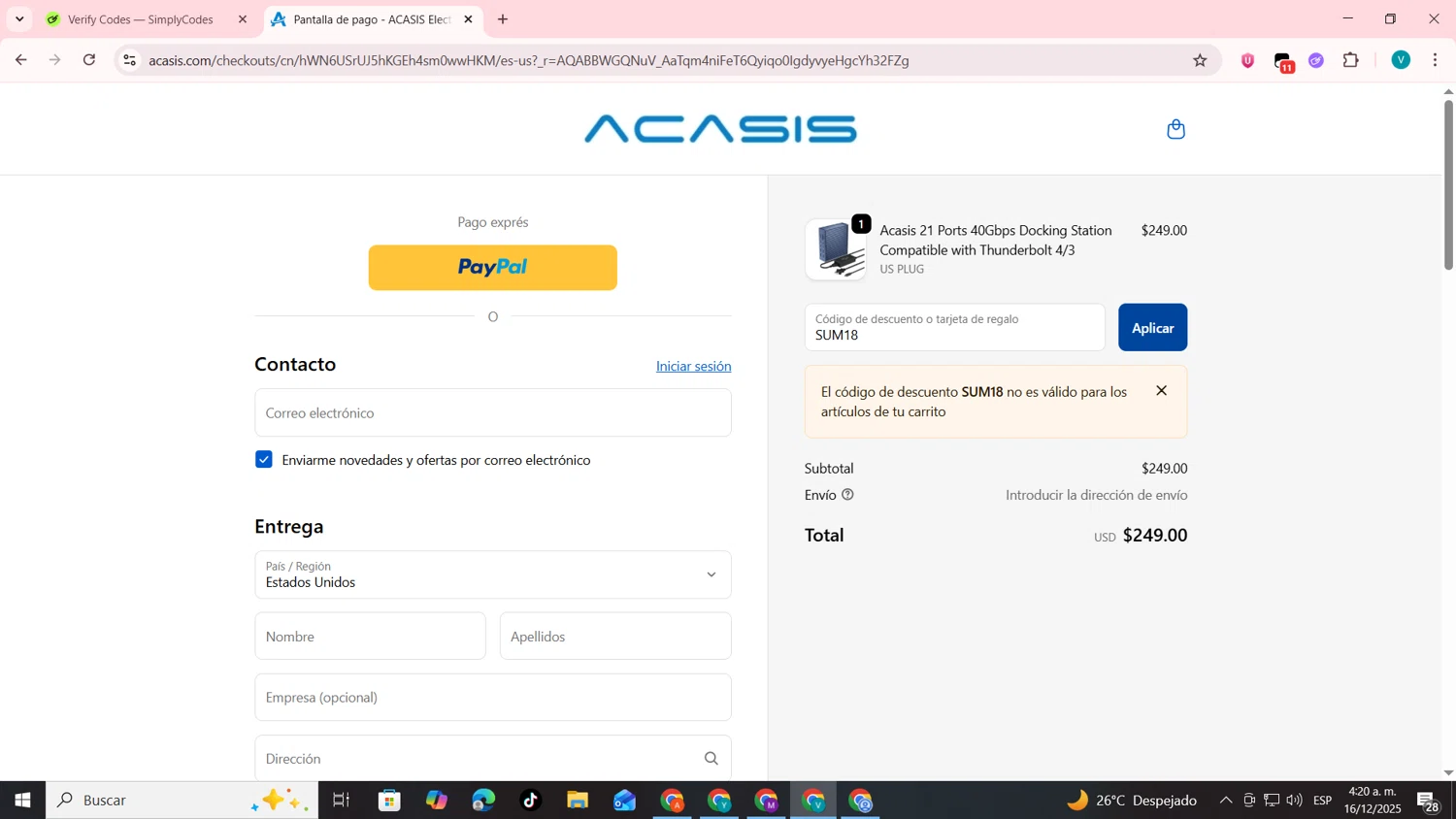 ACASIS discount code screenshot showing code SUM18 applied at ACASIS checkout page. Uploaded by SimplyCodes community member lyffytaro on Dec 16, 2025