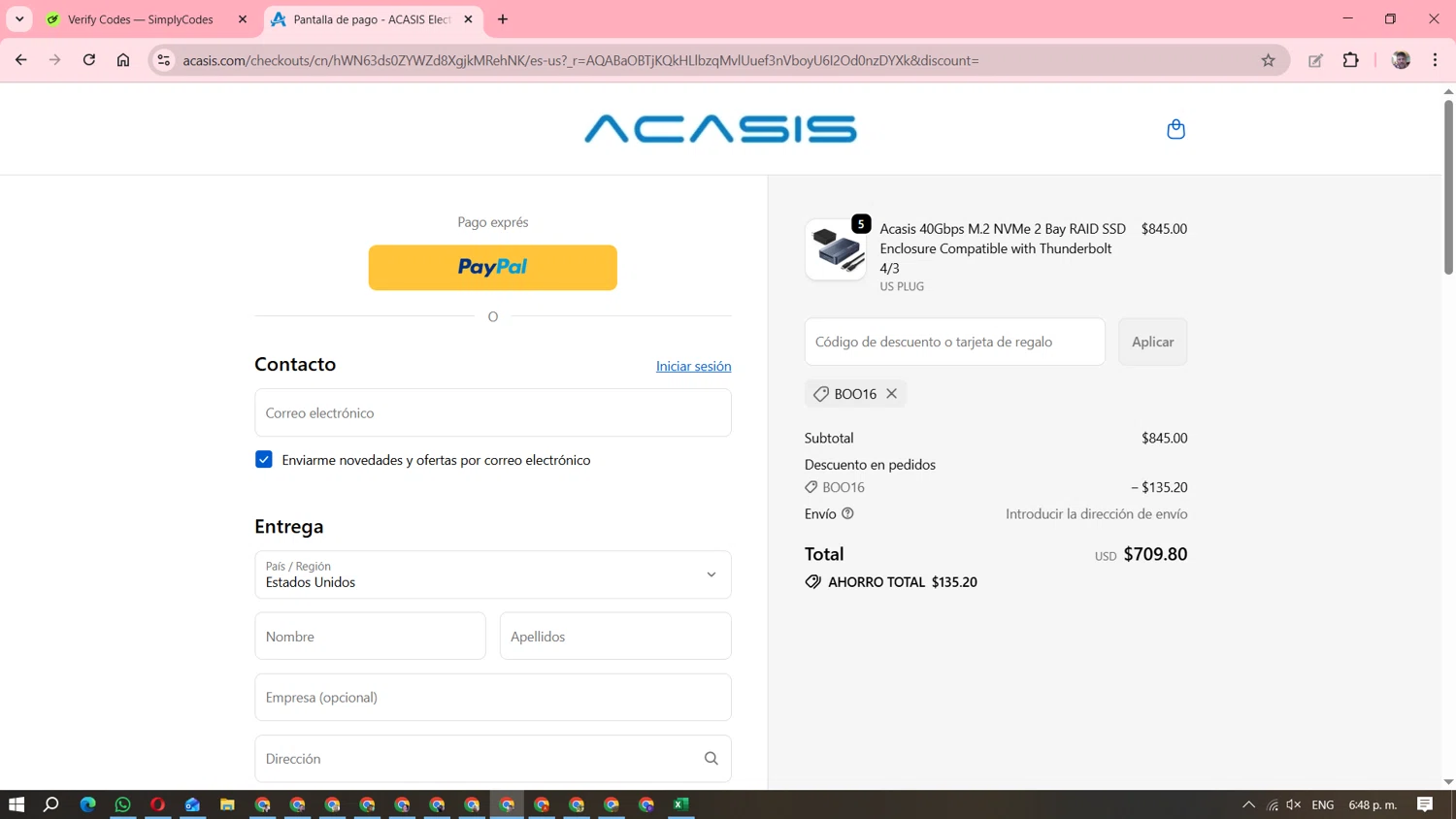 ACASIS discount code screenshot showing code Boo16 applied at ACASIS checkout page. Uploaded by SimplyCodes community member DavGutFig on Dec 4, 2025