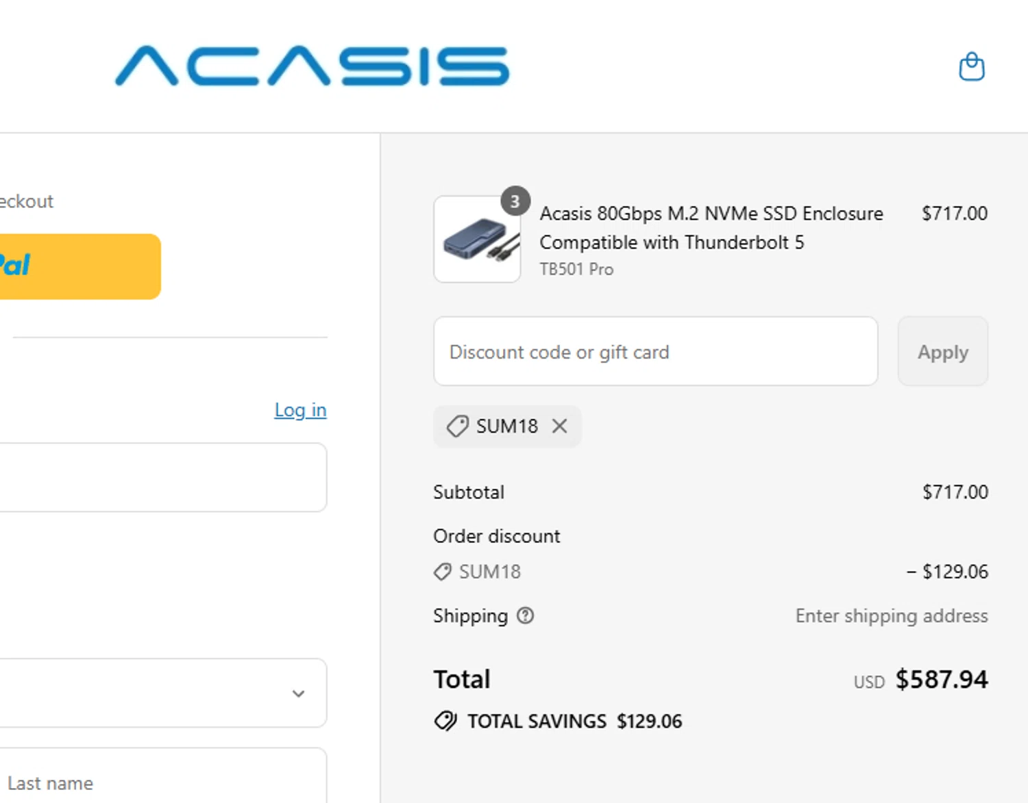ACASIS discount code screenshot showing code SUM18 applied at ACASIS checkout page. Uploaded by SimplyCodes community member aumentadax10 on Jul 16, 2025