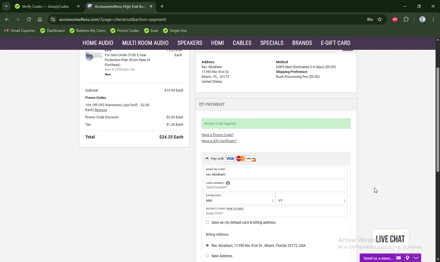 Accessories4less promo code screenshot showing code CPS10OFF applied at Accessories4less checkout page. Uploaded by SimplyCodes community member LHaunter2 on Nov 29, 2025