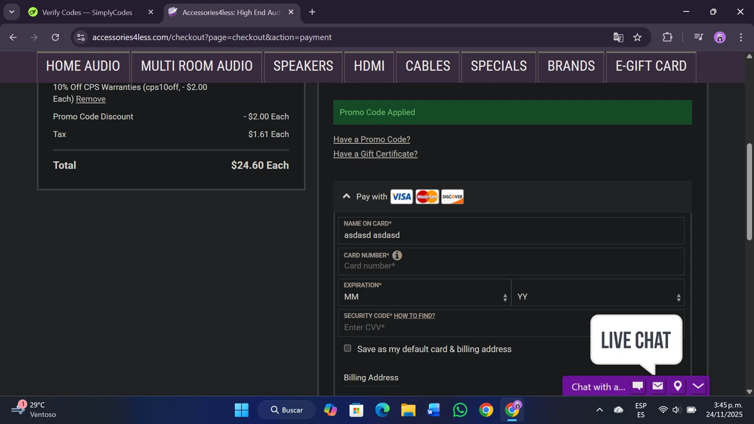 Accessories4less checkout page showing Accessories4less promo code box | Screenshot taken by SimplyCodes community member on Nov 24, 2025