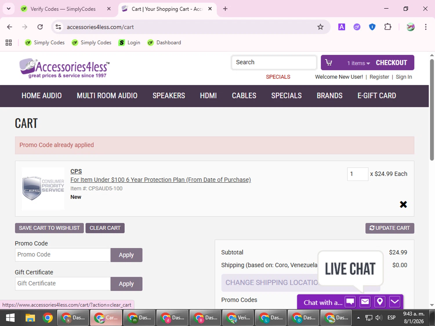 Accessories4less checkout page showing Accessories4less promo code box | Screenshot taken by SimplyCodes community member on Jan 8, 2026