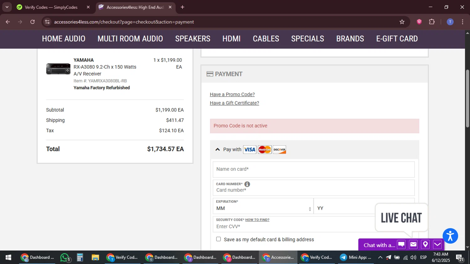 Accessories4less promo code screenshot showing code FREEM100W applied at Accessories4less checkout page. Uploaded by SimplyCodes community member snidertom8 on Jun 12, 2025