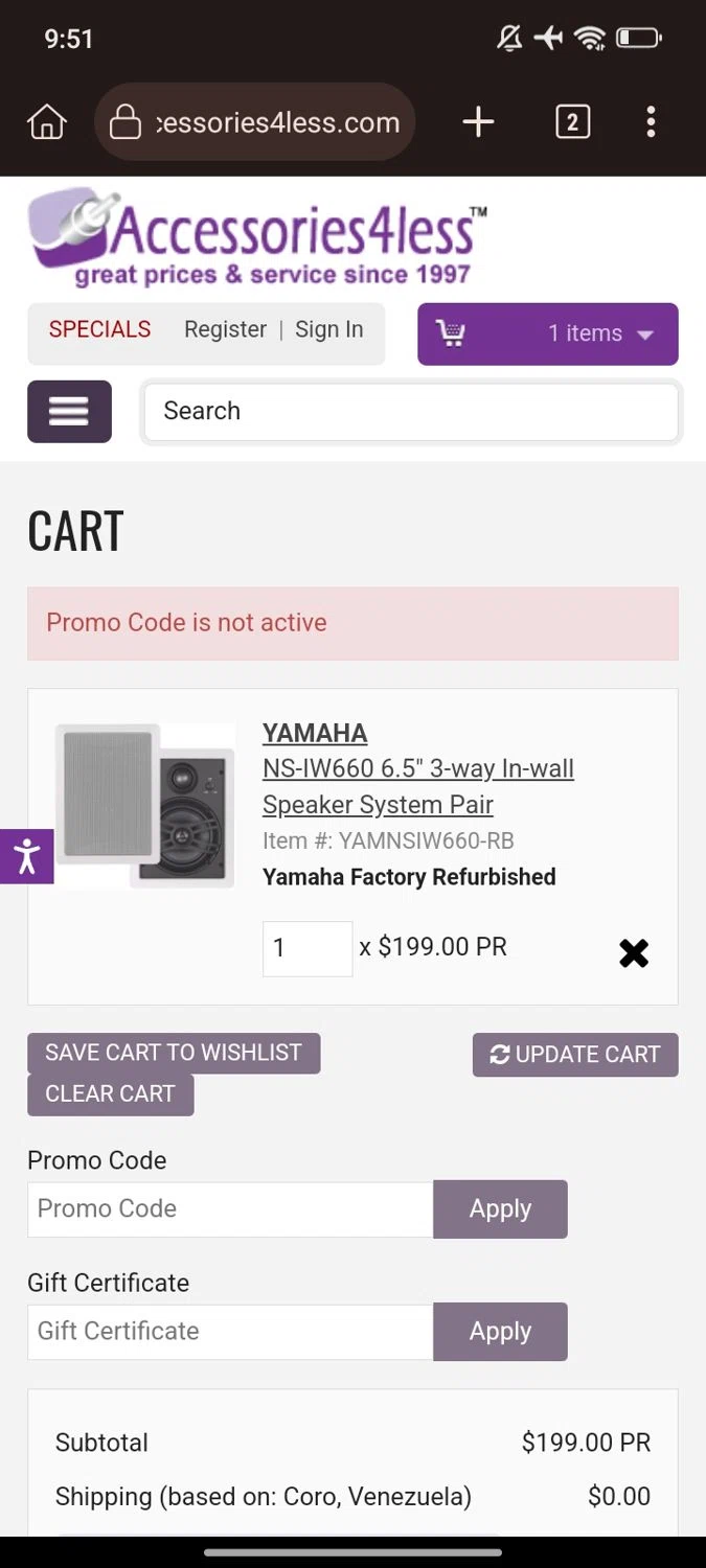 Accessories4less promo code screenshot showing code 10BW applied at Accessories4less checkout page. Uploaded by SimplyCodes community member Elcogeculo on Apr 11, 2025