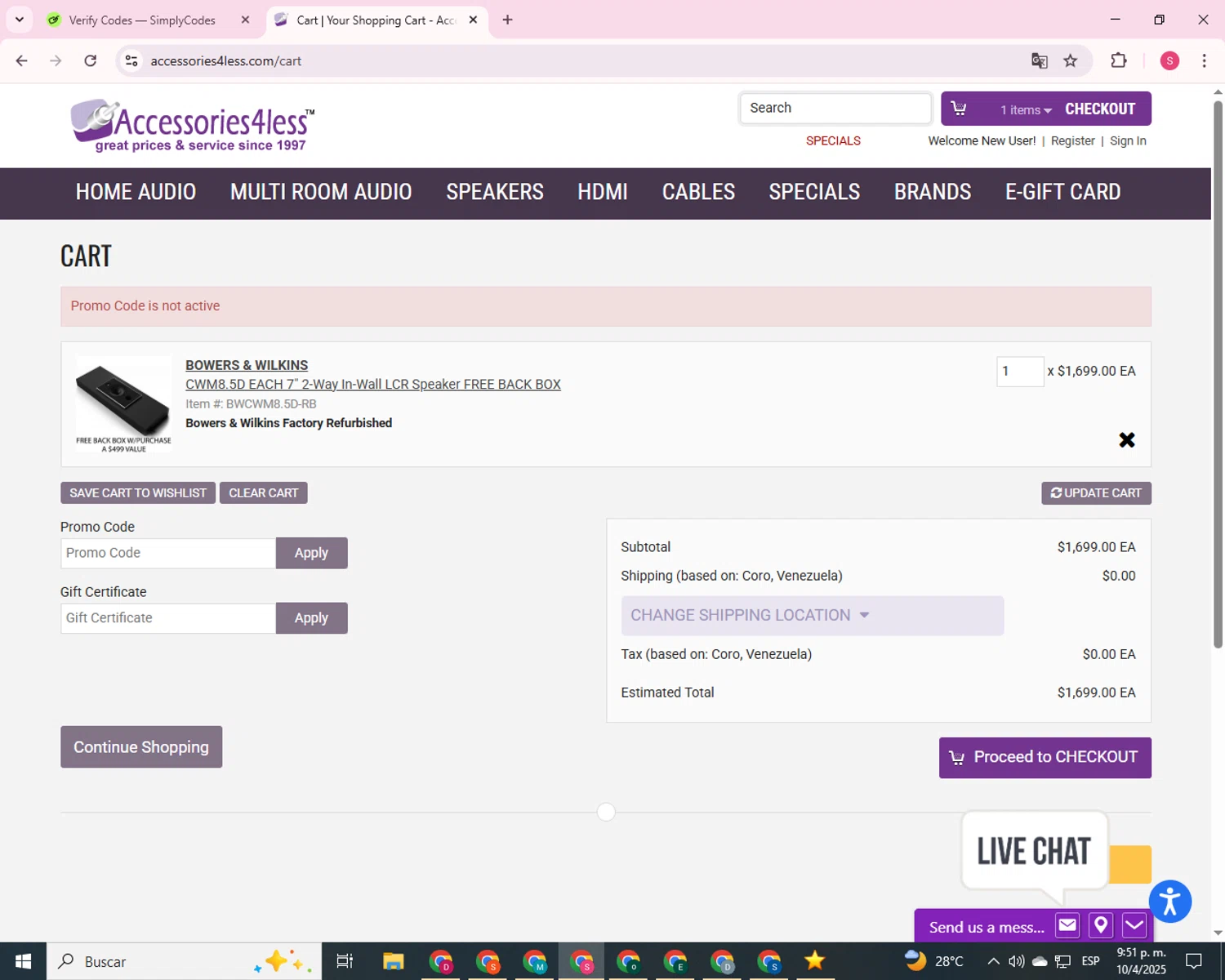 Accessories4less promo code screenshot showing code 10BW applied at Accessories4less checkout page. Uploaded by SimplyCodes community member 00000056 on Apr 11, 2025
