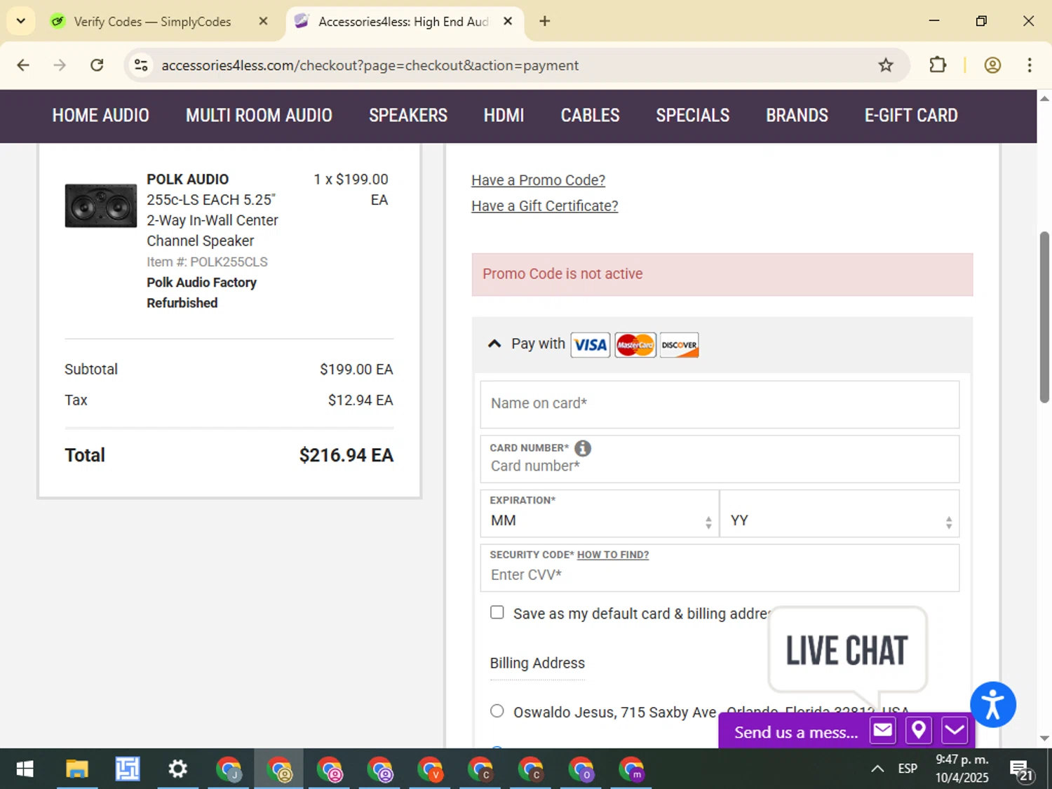 Accessories4less promo code screenshot showing code 10BW applied at Accessories4less checkout page. Uploaded by SimplyCodes community member VictorL on Apr 11, 2025