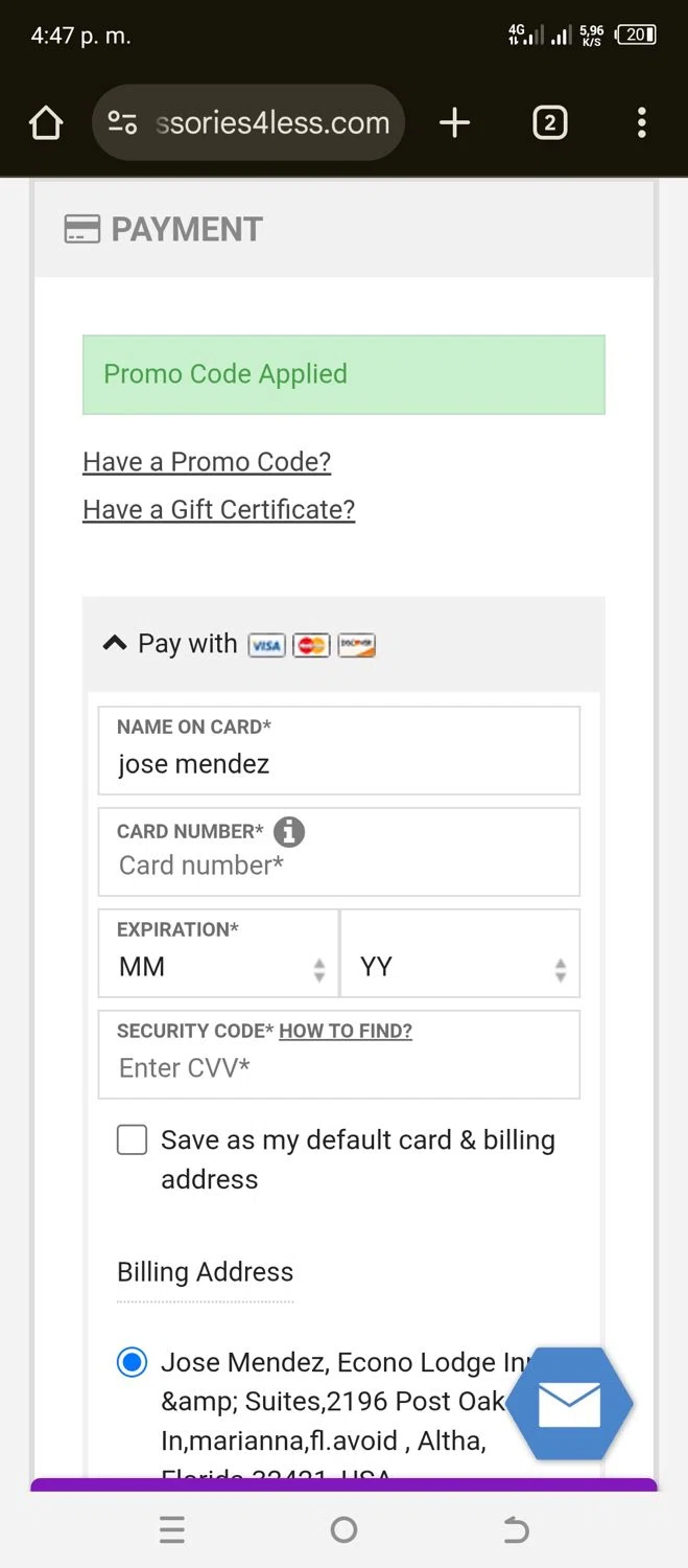 Accessories4less promo code screenshot showing code DT20OFF applied at Accessories4less checkout page. Uploaded by SimplyCodes community member Gianpiero on Jul 20, 2025