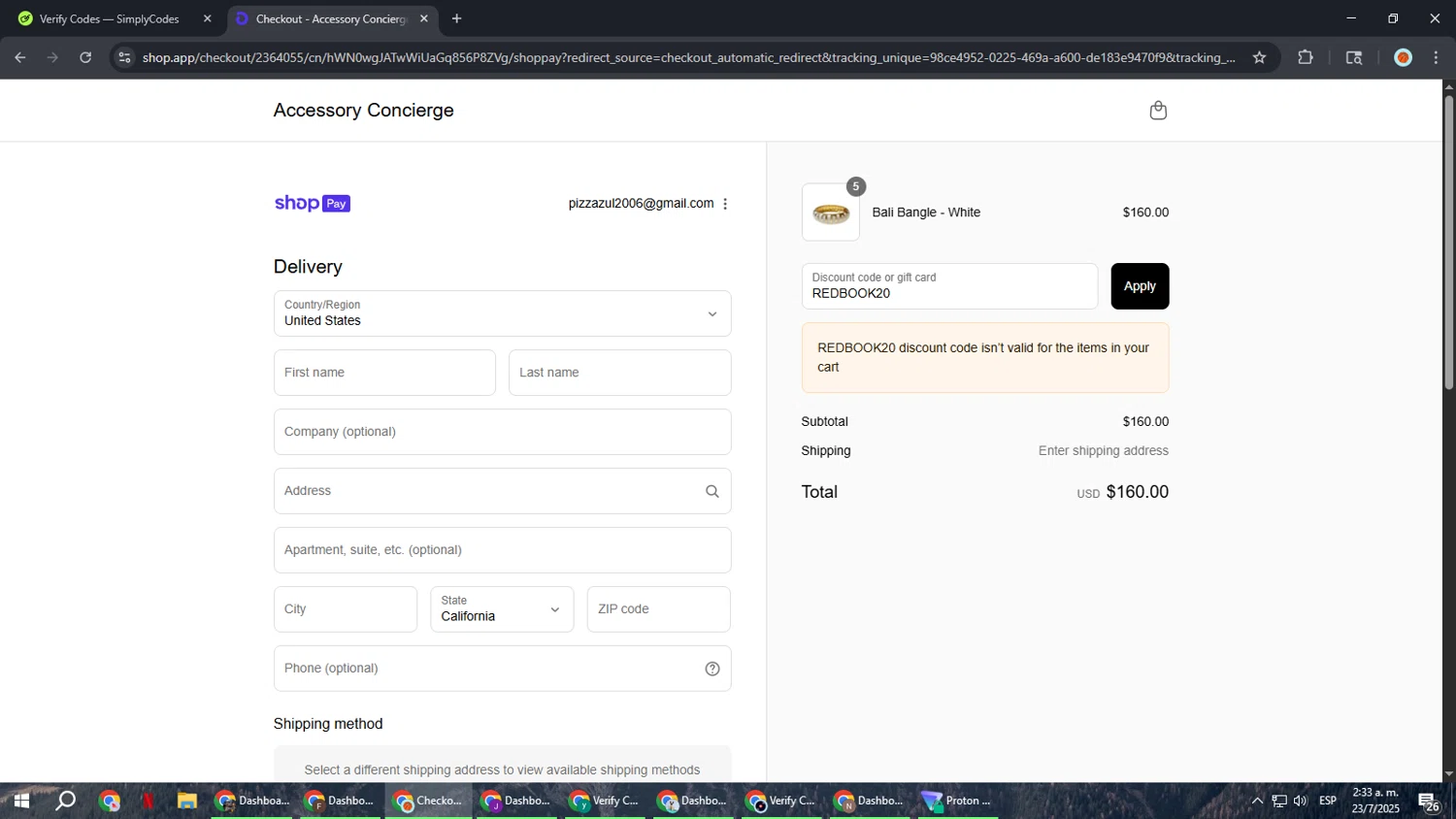 Accessory Concierge promo code screenshot showing code REDBOOK20 applied at Accessory Concierge checkout page. Uploaded by SimplyCodes community member BonusCaptain9927 on Jul 23, 2025