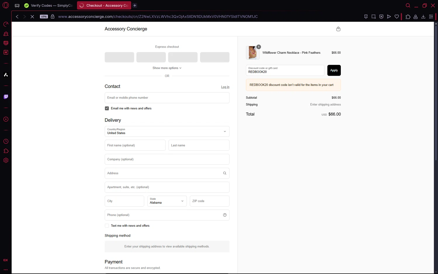 Accessory Concierge promo code screenshot showing code REDBOOK20 applied at Accessory Concierge checkout page. Uploaded by SimplyCodes community member frijolito on Jun 22, 2025