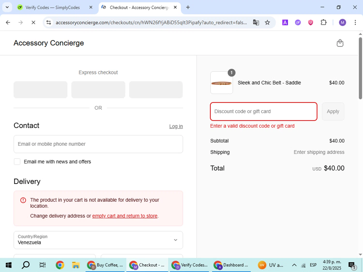 Accessory Concierge promo code screenshot showing code Welcome applied at Accessory Concierge checkout page. Uploaded by SimplyCodes community member VoucherScout6115 on Aug 22, 2025