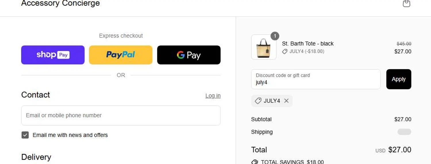 Accessory Concierge promo code screenshot showing code july4 applied at Accessory Concierge checkout page. Uploaded by SimplyCodes community member 6d796e616d656973 on Jul 1, 2025