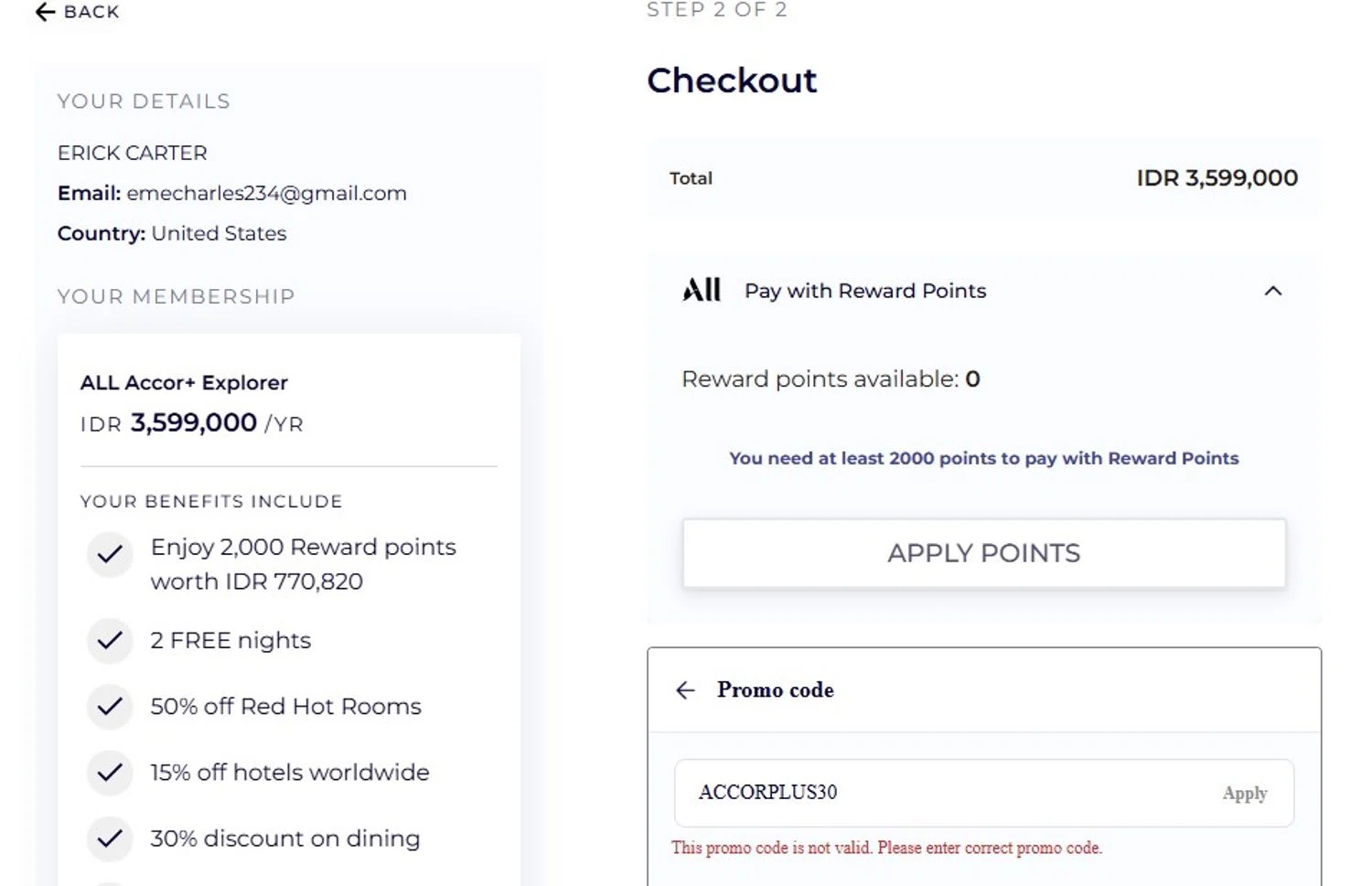 All Accor+ promo code screenshot showing code ACCORPLUS30 applied at All Accor+ checkout page. Uploaded by SimplyCodes community member MoneyFalcon5538 on Dec 26, 2025