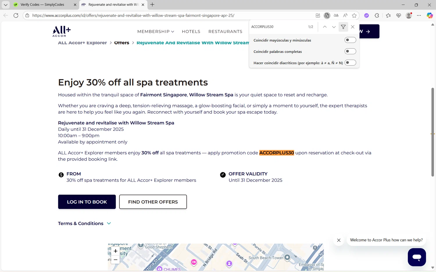 All Accor+ promo code screenshot showing code ACCORPLUS30 applied at All Accor+ checkout page. Uploaded by SimplyCodes community member Yuyu12 on Oct 29, 2025