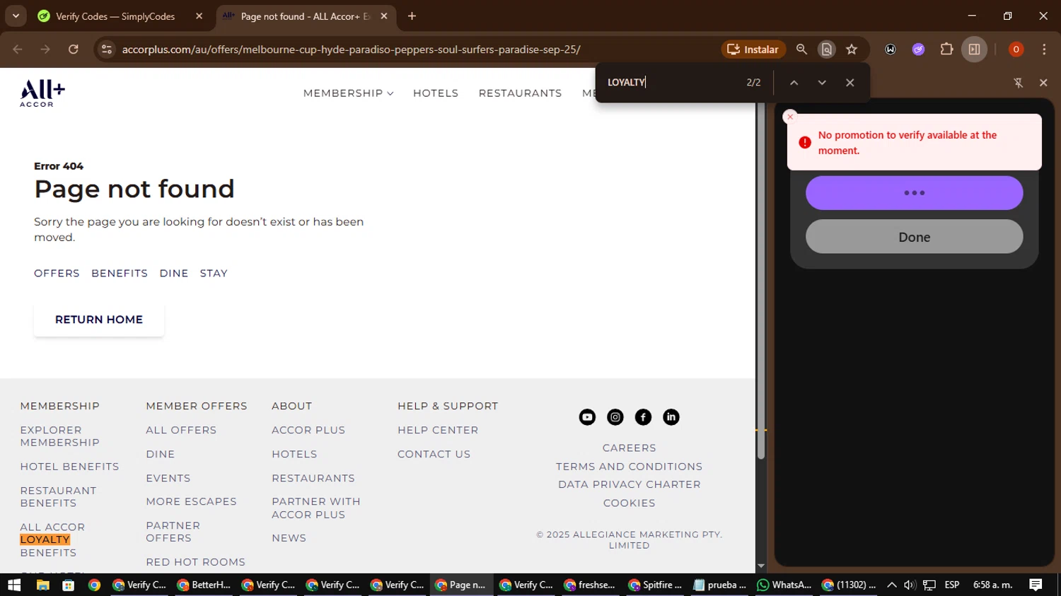 All Accor+ promo code screenshot showing code LOYALTY applied at All Accor+ checkout page. Uploaded by SimplyCodes community member CleverSpotter3730 on Dec 26, 2025