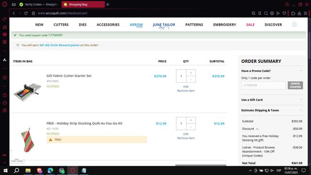 AccuQuilt checkout page showing AccuQuilt coupon code box | Screenshot taken by SimplyCodes community member on Jul 13, 2025
