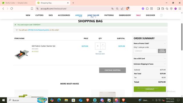 AccuQuilt checkout page showing AccuQuilt coupon code box | Screenshot taken by SimplyCodes community member on Jun 29, 2025