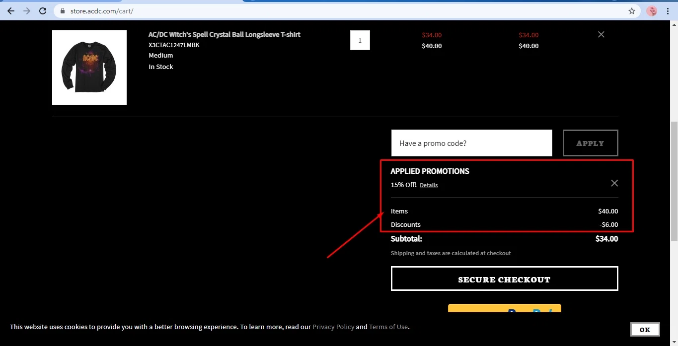 Ac/Dc checkout page showing Ac/Dc promo code box | Screenshot taken by SimplyCodes community member on Oct 3, 2021