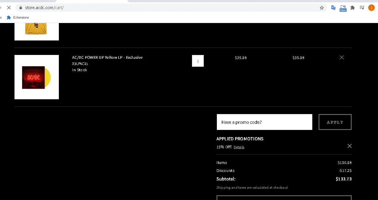 Ac/Dc checkout page showing Ac/Dc promo code box | Screenshot taken by SimplyCodes community member on Apr 27, 2021