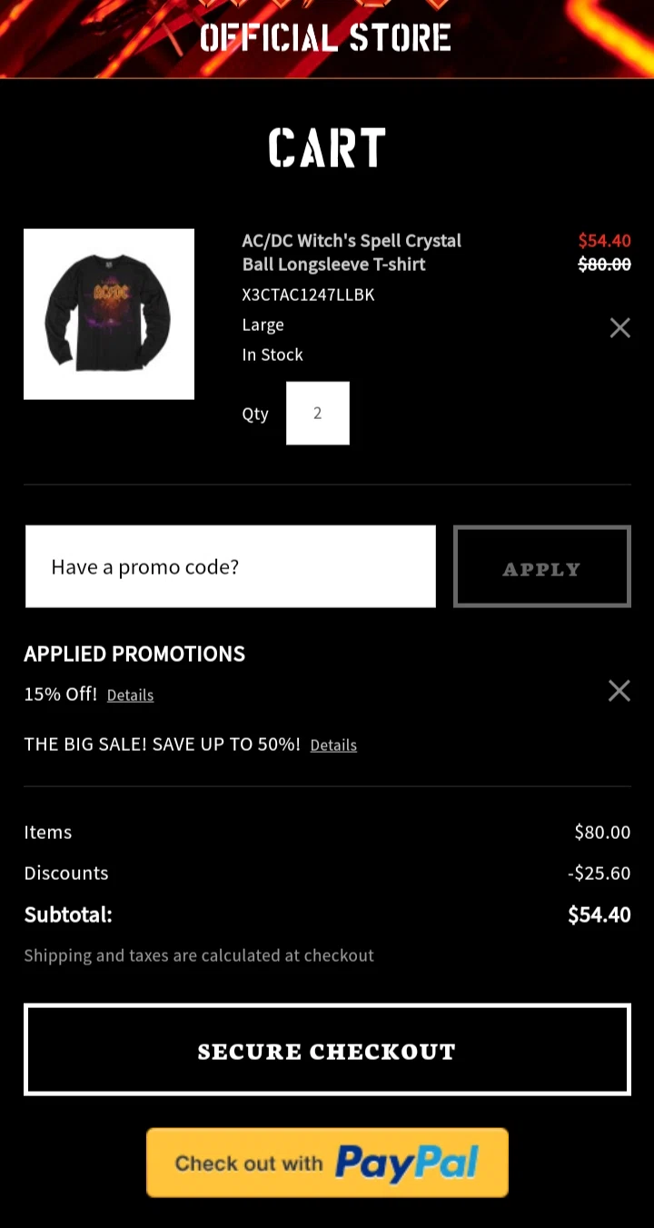 Ac/Dc checkout page showing Ac/Dc promo code box | Screenshot taken by SimplyCodes community member on Sep 4, 2021
