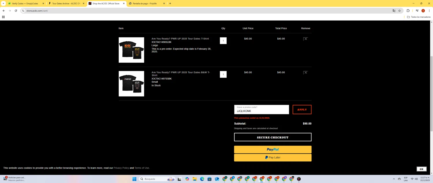 Ac/Dc promo code screenshot showing code JJQLKGNK applied at Ac/Dc checkout page. Uploaded by SimplyCodes community member LegendaryBoss2307 on Feb 22, 2025