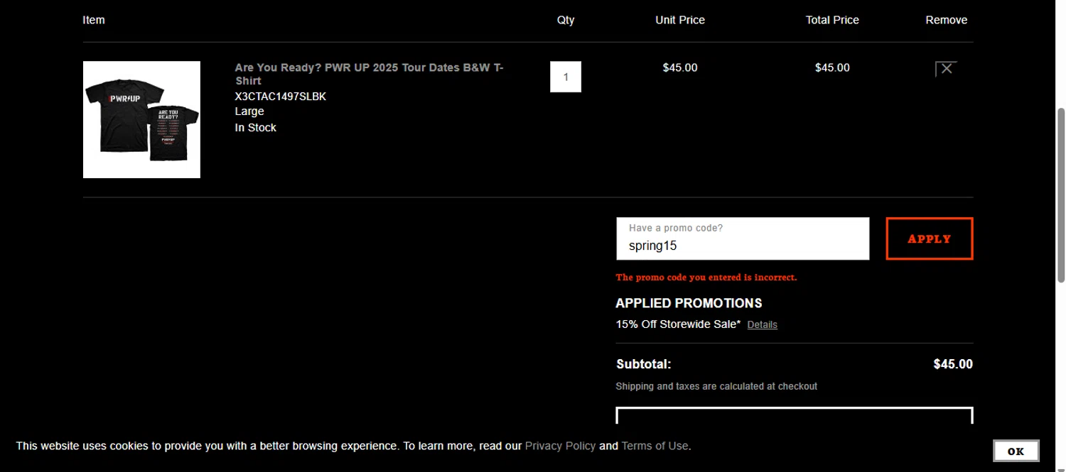 Ac/Dc promo code screenshot showing code spring15 applied at Ac/Dc checkout page. Uploaded by SimplyCodes community member SavvyLegend1586 on Mar 22, 2025