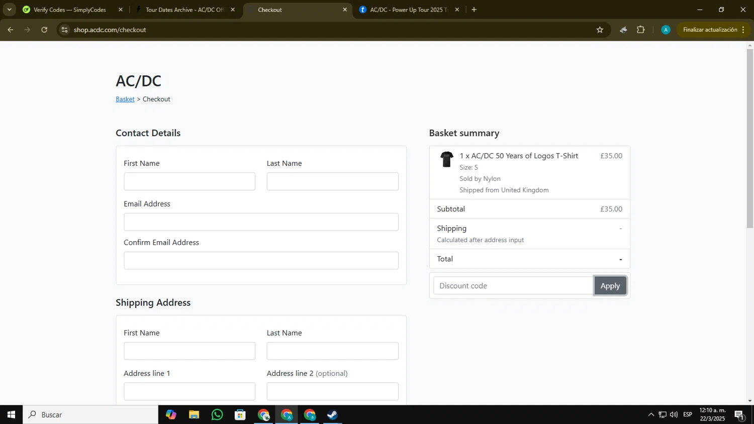 Ac/Dc checkout page showing Ac/Dc promo code box | Screenshot taken by SimplyCodes community member on Mar 22, 2025