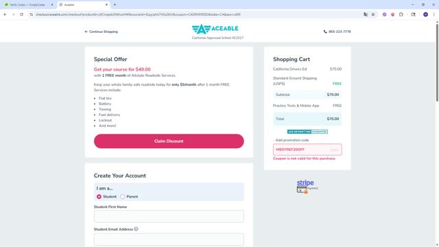 Aceable checkout page showing Aceable promo code box | Screenshot taken by SimplyCodes community member on Aug 30, 2025
