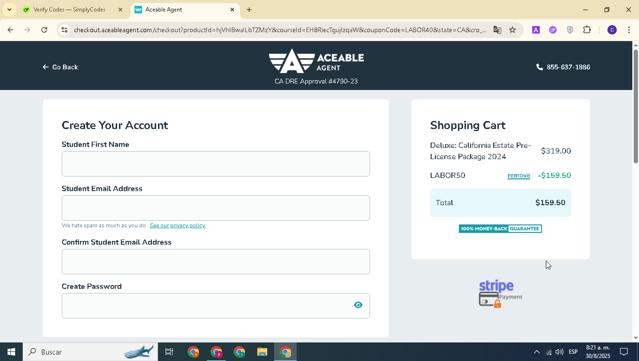 Aceable checkout page showing Aceable promo code box | Screenshot taken by SimplyCodes community member on Aug 30, 2025
