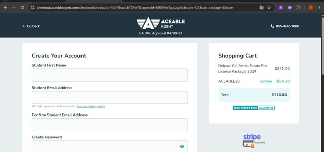 AceableAgent checkout page showing AceableAgent discount code box | Screenshot taken by SimplyCodes community member on Aug 13, 2025